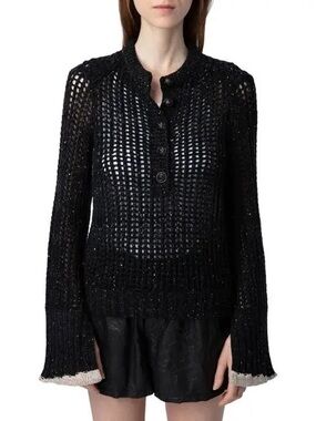 ZADIG&VOLTAIRE Halty Weco Sequin Open Stitch Flare Sleeve Black Sweater EUC Sz S